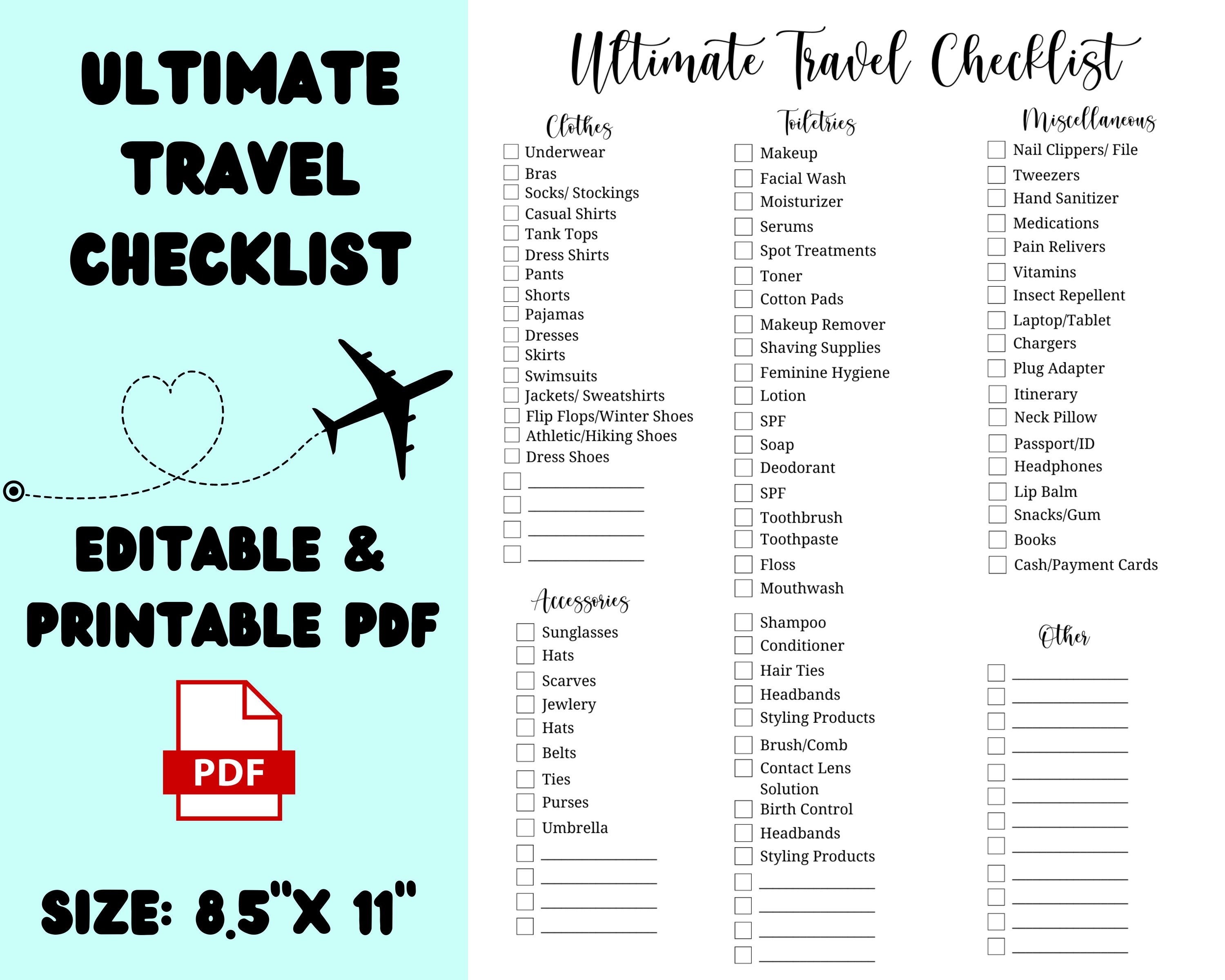 Ultimate Travel Checklist Editable Travel Checklist Printable Vacation  Checklist Holiday Packing Checklist 