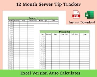 Server Tip Tracker | Tip Tracker Template | Printable Tip Tracker | Server Pay Tracker | Service Industry Tip Tracker | Auto-Calculate