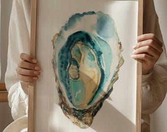 Lámina artística abstracta de ostras marinas para decoración de paredes de baño con temática costera (descarga digital)