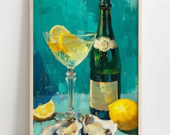 Lámina impresionista de ostras, bodegón, cóctel, limón, decoración de cocina, DESCARGA DIGITAL
