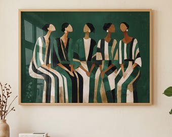 Arte mural abstracto figurativo de mujeres en verde y dorado, moda moderna, descarga digital.