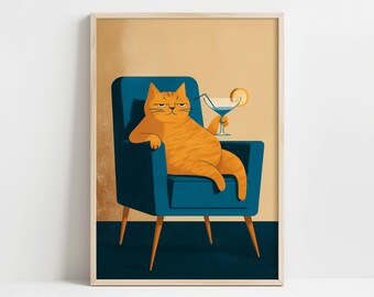 Ilustración retro de un gato de mediados de siglo, relajado, tomando un cóctel, arte de pared para sala de estar, DESCARGA DIGITAL