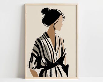 Retrato abstracto minimalista japonés de mujer a rayas, estilo escandinavo, arte mural, DESCARGA DIGITAL