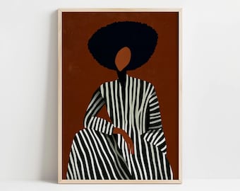 Retrato abstracto moderno de mujer afrocéntrica con rayas para sala de estar (DESCARGA DIGITAL)