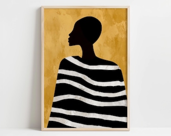Retrato minimalista de silueta afrocéntrica amarilla a rayas para decoración de pared moderna DESCARGA DIGITAL