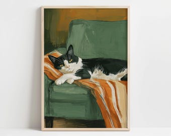 Cuadro moderno de gato en blanco y negro para sofá o pared de sala de estar (DESCARGA DIGITAL)