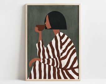 Arte abstracto figurativo de una mujer en terracota color verde salvia tomando té (descarga digital)