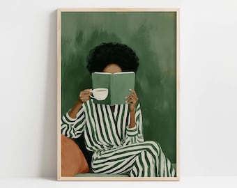 Arte mural afrocéntrico: pintura de una mujer negra leyendo (impresión digital para descargar)