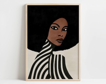 Retrato abstracto moderno de mujer afrocéntrica con rayas para sala de estar (DESCARGA DIGITAL)