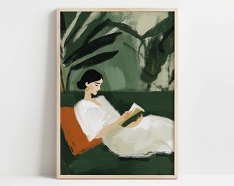 Cuadro abstracto moderno de una mujer leyendo, arte mural para sala de estar o dormitorio, color verde, DESCARGA DIGITAL