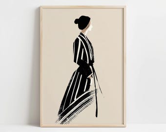 Retrato abstracto minimalista japonés de mujer a rayas, estilo escandinavo, arte mural, DESCARGA DIGITAL