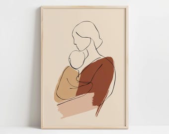 Arte minimalista de líneas, madre e hijo, abstracto, neutro, para la pared de la habitación infantil. DESCARGA DIGITAL.