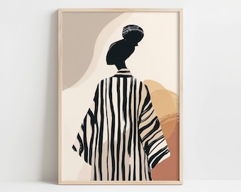Retrato abstracto minimalista japonés de mujer a rayas, estilo escandinavo, arte mural, DESCARGA DIGITAL