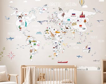 PVC-Free Removable Fabric Countries Natural World Map Wall Decal