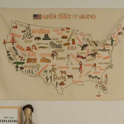 Big U.S.A Map Tapestry Organic Cotton Fabric Tapestry Kid Room - Etsy