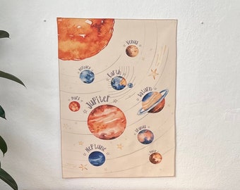 Watercolor Solar System Wall Hanging, Solar System Tapestry, Space Tapestry Organic Cotton Fabric Kid Room Tapestry, Nursery Wall Hanging