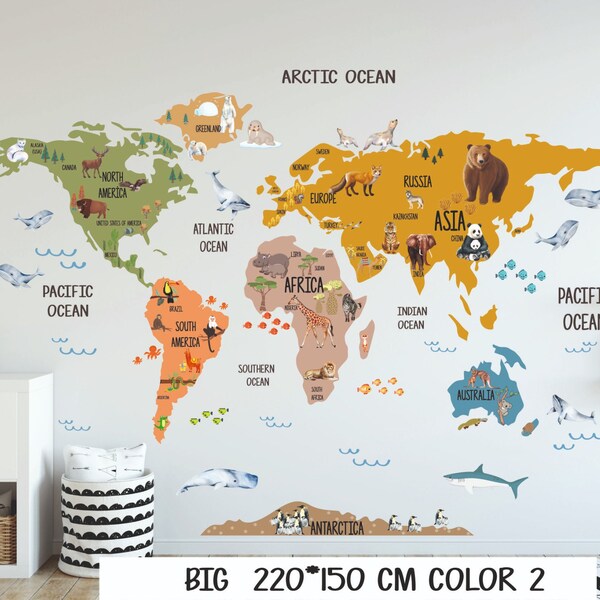 Sticker mural carte du monde animal, Sticker carte du monde, carte du monde murale artistique, Sticker carte, carte du monde pour chambre d'enfant, carte du monde pour chambre d'enfant, carte du monde itinérante