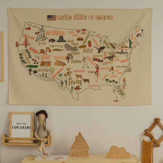 Big U.S.A Map Tapestry Organic Cotton Fabric Tapestry Kid Room Tapestry