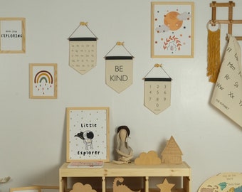 Alphabet Tenture murale en coton biologique, bannière de drapeau enfant, bannière de pépinière, décor de chambre fanion, bannière, Tenture murale, Be Kind Kids Decor, cadeau