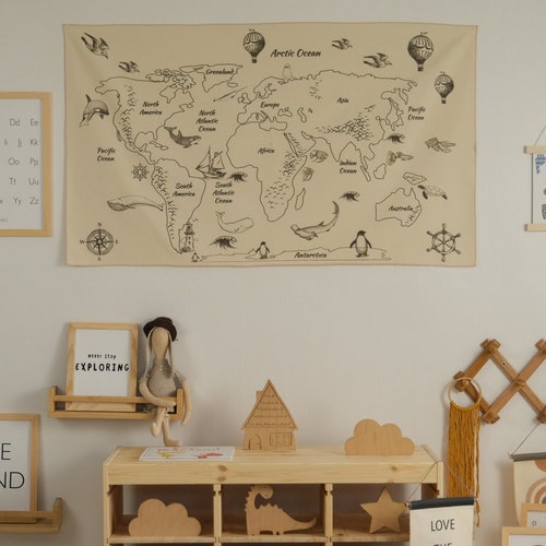 World Map Tapestry Organic Cotton Fabric Tapestry Kid Room Etsy