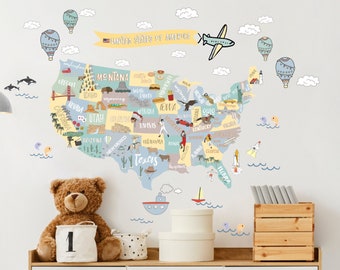 USA Map, United State of America Map, America Map,  Map Sticker, Nursery Map, Wall Decal Map, Kids Wall Sticker, USA Wall Sticker,