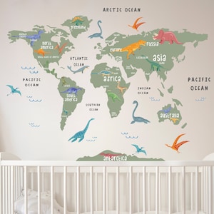 Weltkarte Aufkleber, abnehmbar und neu positionierbar, Weltkarte Aufkleber, Kinderzimmer Weltkarte, Kinderzimmer Weltkarte, grüner Dinosaurier