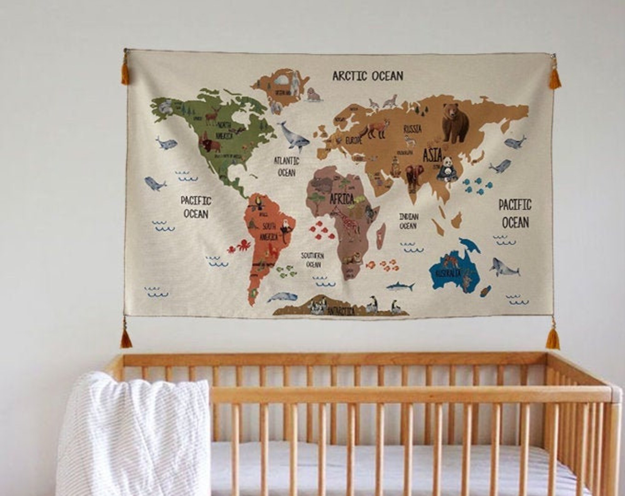 World Map Tapestry, Organic Cotton Fabric Tapestry, Kid Room Tapestry