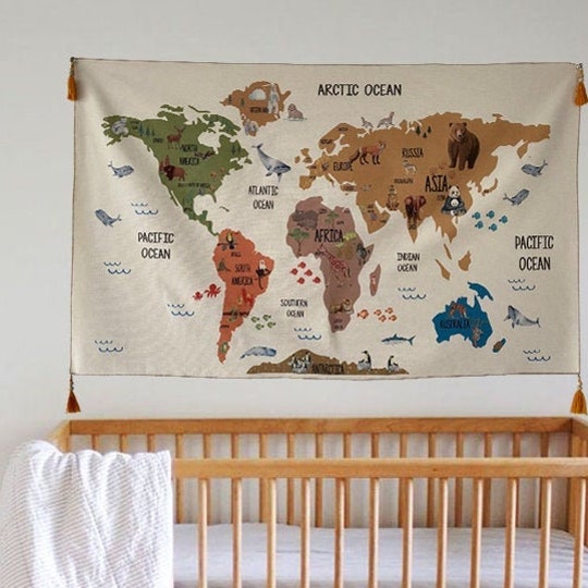 World Map Tapestry, Organic Cotton Fabric Tapestry, Kid Room Tapestry