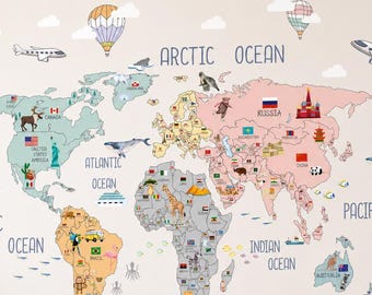 PVC-Free Removable  Fabric Countries World Map Wall Decal