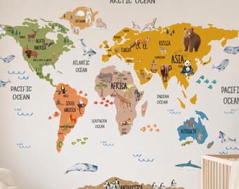 PVC-Free Removable Fabric Mustard World Map Wall Decal
