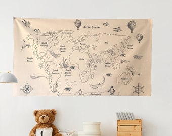 world map wall hanging fabric
