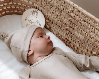 Newborn Knotted Gown and Hat Set, Nature Ribbed Cotton Baby Outfit