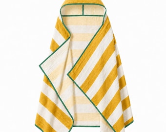 Yellow Striped Cotton Muslin Hooded Towel, Lightweight Baby Blanket