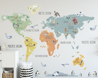 Boho Brave World Map Wall Sticker / World Map Wall Decal / Map Sticker /  Kid Room World Map / Nursery World Map / Colorful world map/Animal