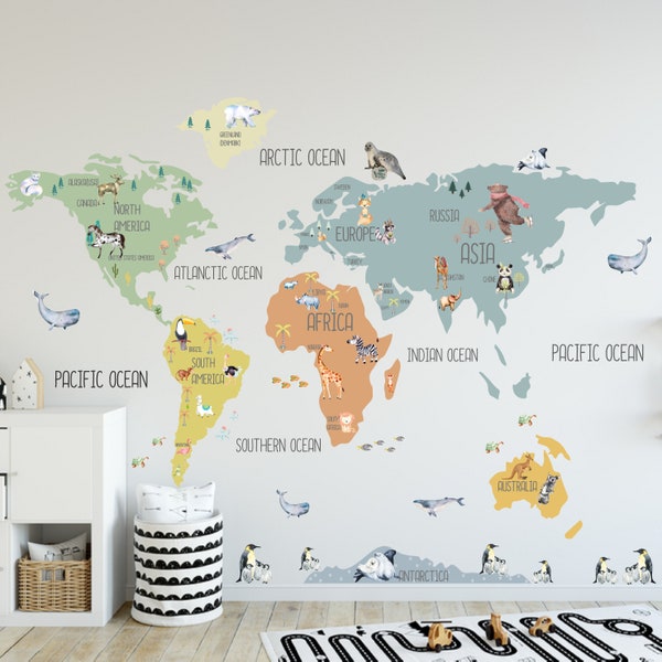 Boho Brave World Map Wall Sticker / World Map Wall Decal / Map Sticker /  Kid Room World Map / Nursery World Map / Colorful world map/Animal