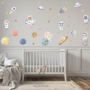 Astronaut Animals Wall Decal Set: Watercolor Planets, Rockets & Stars
