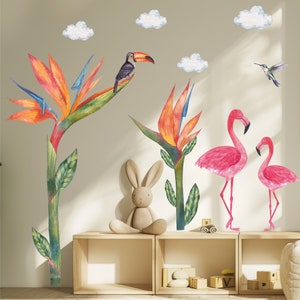 Tropical Flamingo Wall Decals – Large Bird of Paradise Flower Stickers for Nursery & Kids Room Decor – Jungle Safari Theme Removable Mural