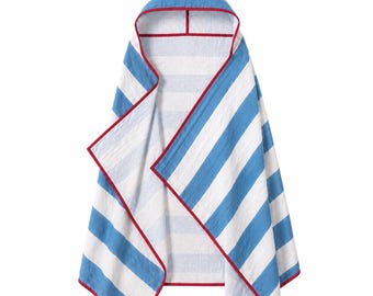 Ocean Blue Striped Muslin Hooded Towel Blanket, Lightweight Baby Beach Cover (Red Trim)