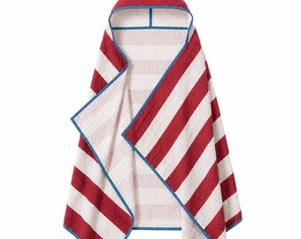 Red Striped Cotton Muslin Hooded Towel, Toddler Beach Blanket, Blue Trim