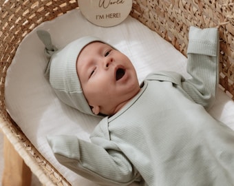 Newborn Knotted Gown and Hat Set, Sage Green Ribbed Cotton Baby Outfit