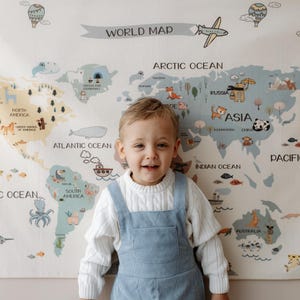 Tapisserie carte du monde, tapisserie en tissu de coton bio, carte du monde à suspendre, tenture murale pour chambre d'enfant, carte éducative