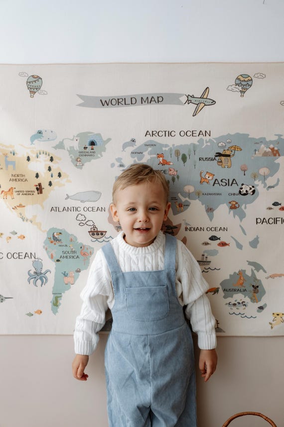 World Map Tapestry for Kids: Educational Organic Cotton Nursery