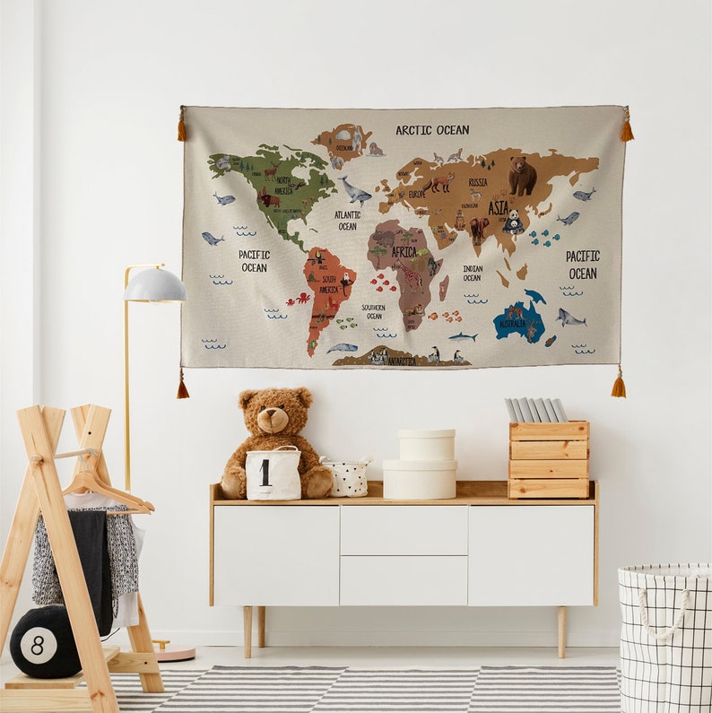 World Map Tapestry Organic Cotton Fabric Tapestry Kid Room Etsy