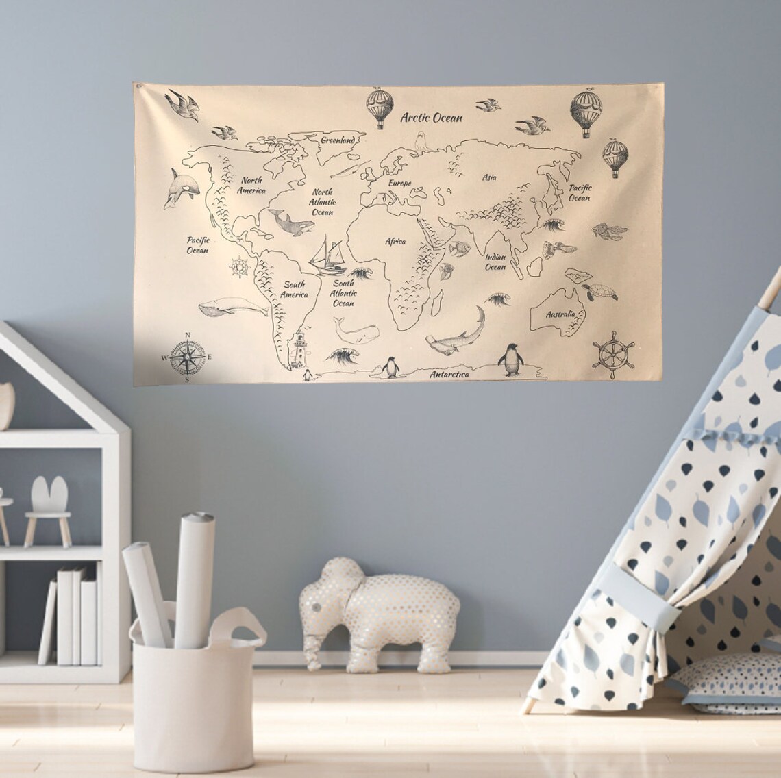 World Map Tapestry Organic Cotton Fabric Tapestry Kid Room Etsy