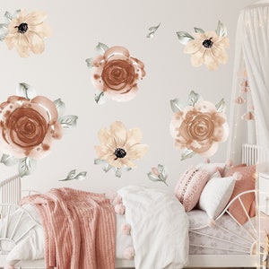 Big Boho Wall Decals Set – Large Floral Nursery Stickers – Terracotta Beige Rose Peony Removable for Baby Girl Room Decor