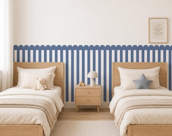 Striped Scalloped Half Wall Decal – Indigo Blue PVC-Free Fabric Wall Panel
