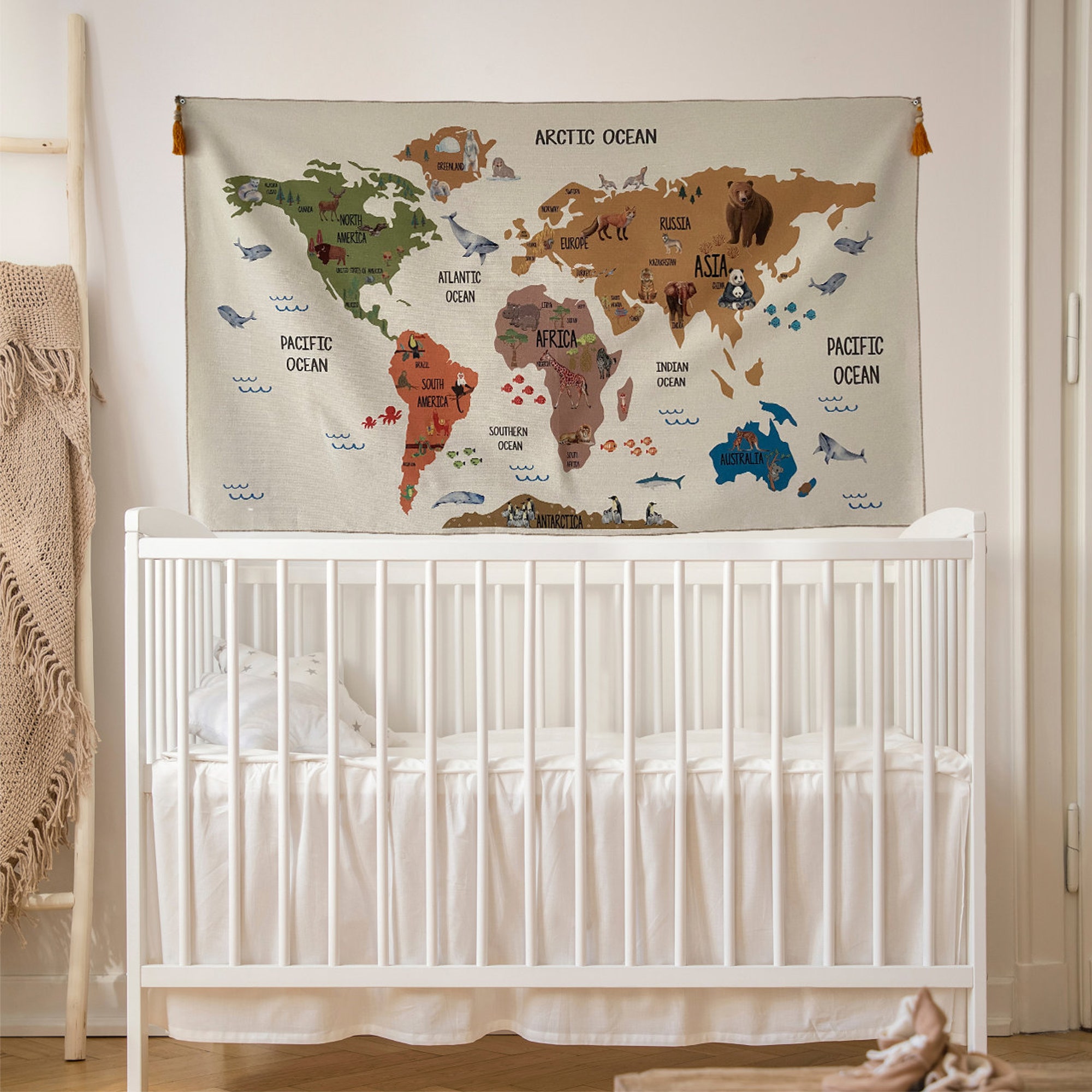 World Map Tapestry, Organic Cotton Fabric Tapestry, Kid Room Tapestry