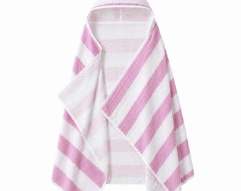 Pink Striped Cotton Muslin Hooded Baby Towel, Beach Blanket, Travel Gift