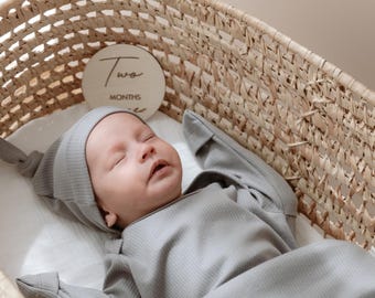 Newborn Knotted Gown and Hat Set, Gray Ribbed Cotton Baby Outfit