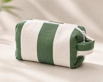 Green Striped Cotton Muslin Zipper Pouch: Toiletry and Travel Organizer | Forest